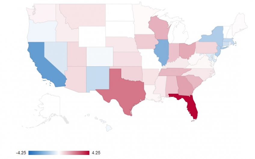 Map of United States showing partisan fairness metrics for redistricting